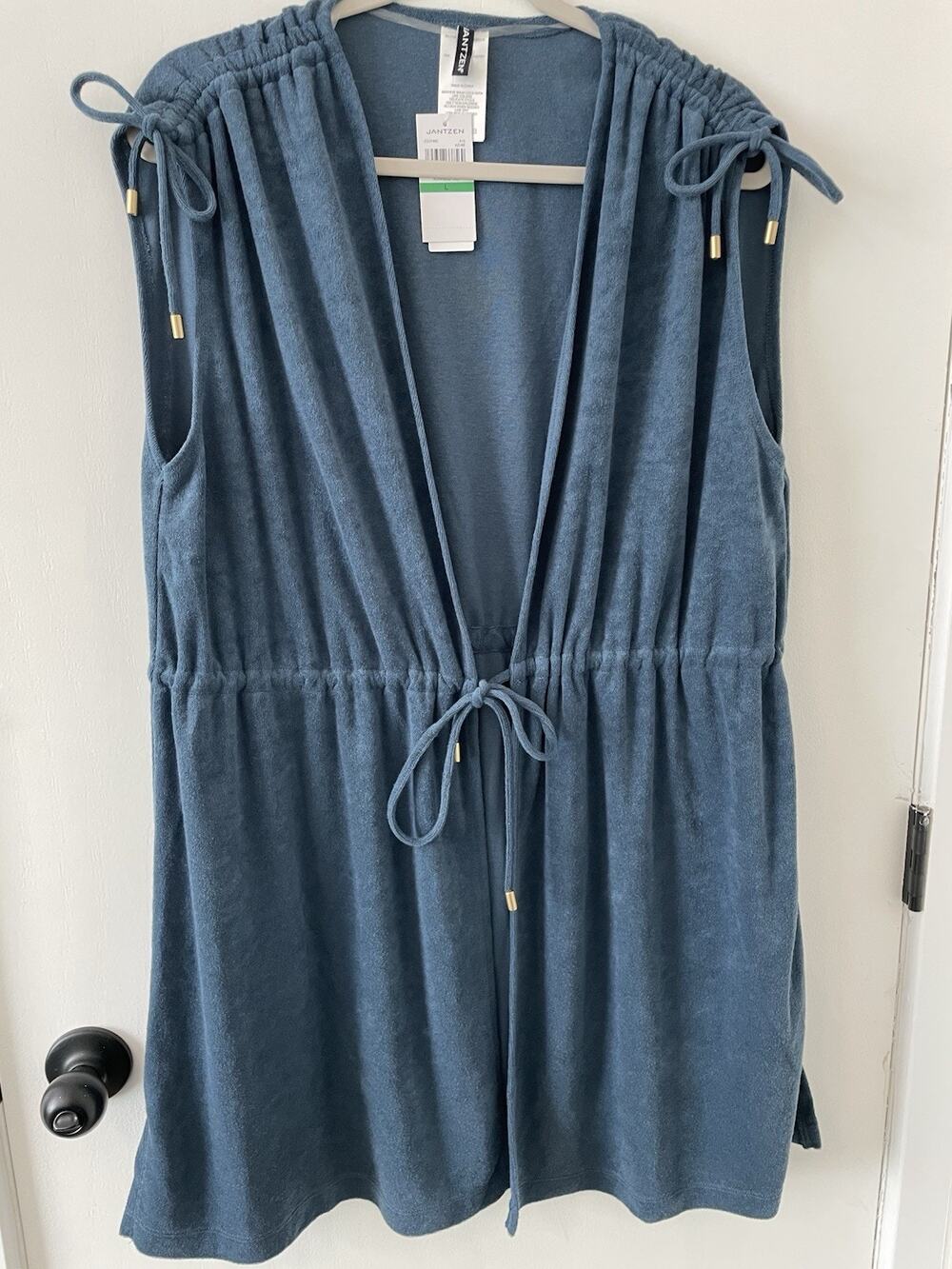 Jantzen Blue Sleeveless Cover Up Dress L Beach Resort Swim Tie Waist Velour K11
